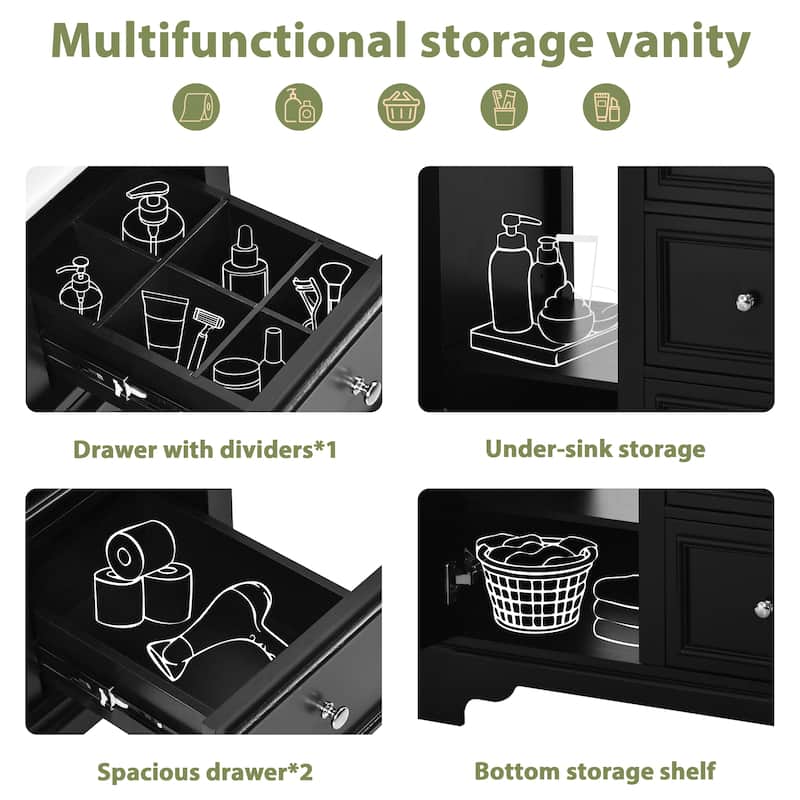 30-Inch Bathroom Vanity Cabinet with Ceramic Basin, 3 Drawers and Adjustable Shelves