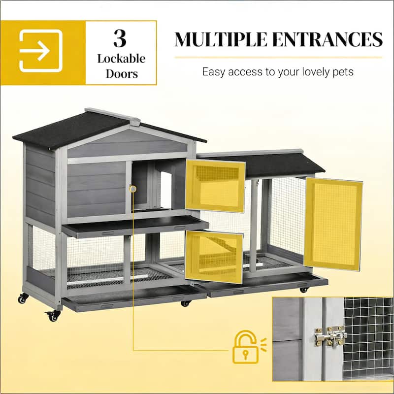 Mobile Pet Hutch,Wooden Rabbit Hutch is designed for convenient cleaning - Black,LIGHT GREY