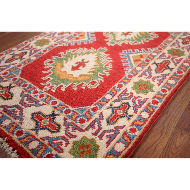 Hand Knotted Oriental 100% Wool Carpet Traditional Geometric Red Kazak Area Rug - 2' 11'' X 1' 11''