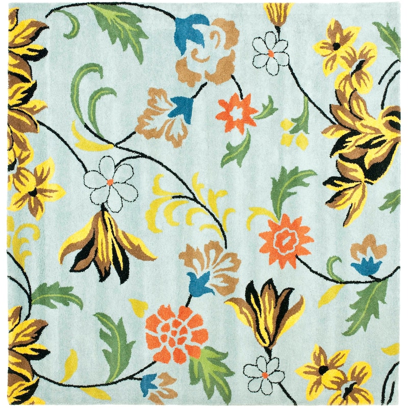 SAFAVIEH Handmade Soho Echo Floral N.Z. Wool Rug - 8' Square - Blue/Multi