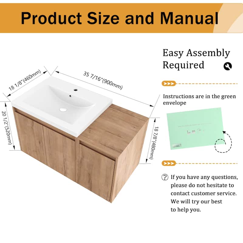 Malwee 36"/48"/60" Floating Bathroom Vanity,Wall Mounted Bathroom Vanity with Sink,Soft Close Door and Adjustable Shelf