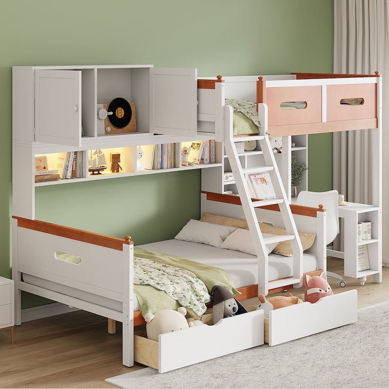 Twin Over Full Bunk Storage Bed with Desk and Led Lights Wooden Loft Bed Frame with Safety Guard & Ladder for Teen & Adults
