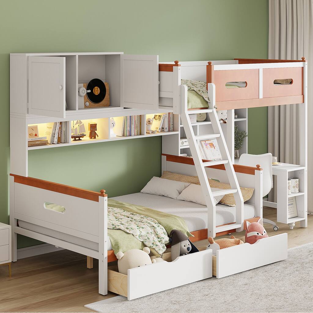 Twin over Full LED Bunk Bed with Built In Desk, Solid Wood Loft Bed and Platform Bed with Shelves, Cabinet and Drawers