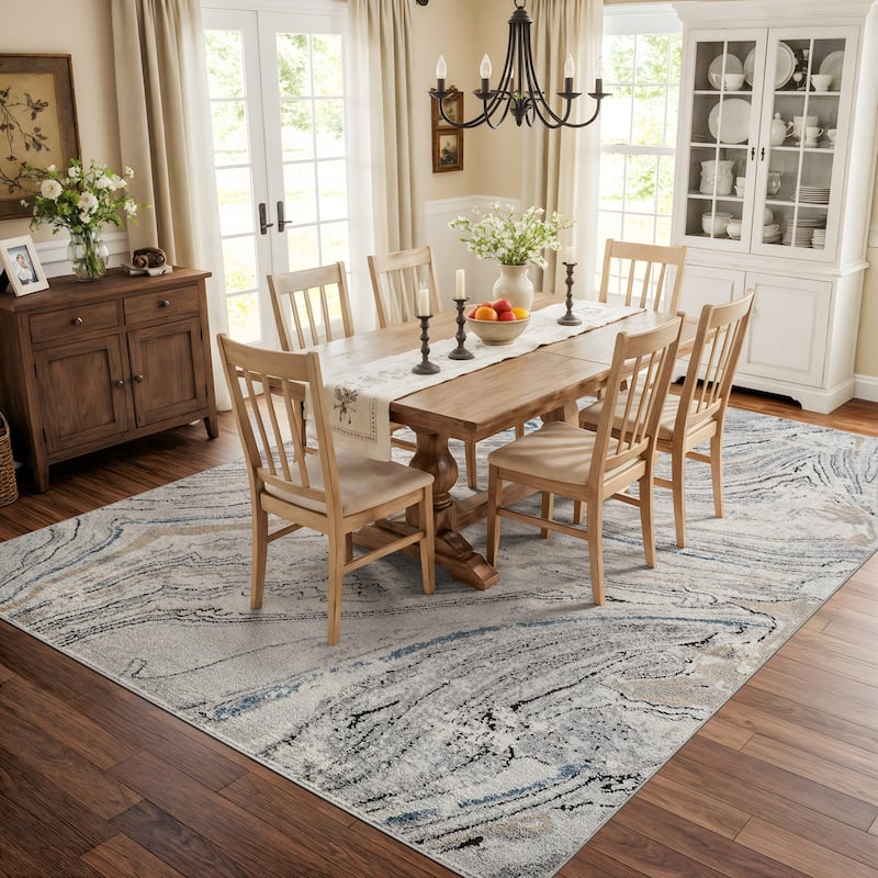 Marble Swirl Distressed Area Rug - Low-Pile Rug for Living Room, Bedroom - Polypropylene/Polyester with Jute Backing
