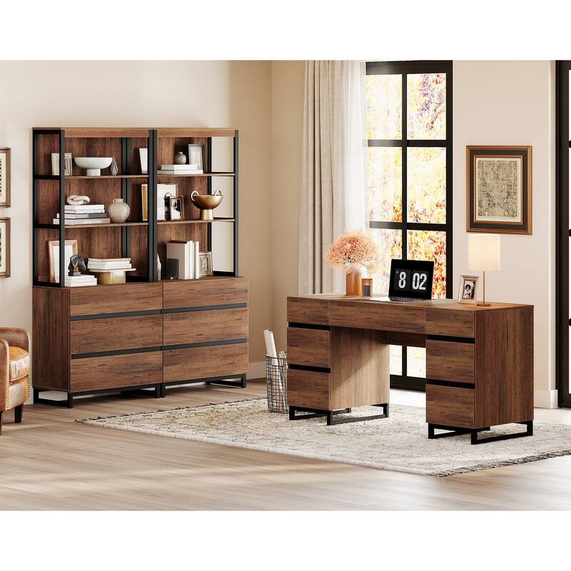 59In Modern Executive Desk With Charging Station & Drawers And 2 PCS 72In Tall BookcasesFor Living Room, Bedroom