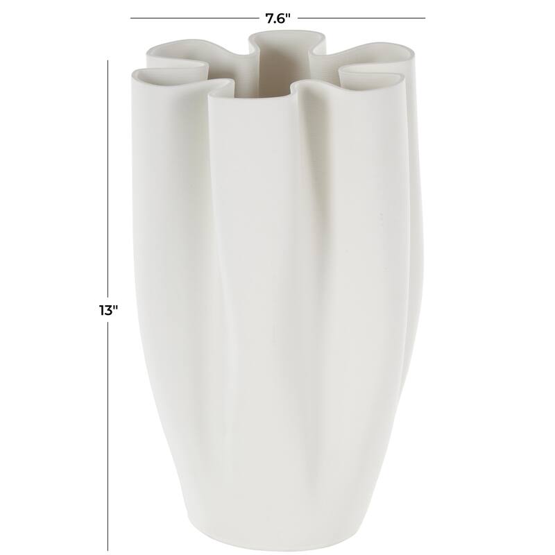 Ceramic Abstract Ribbed Dimensional Folded Decorative Vase with Floral Shaped Rim - White - Roche River Decor