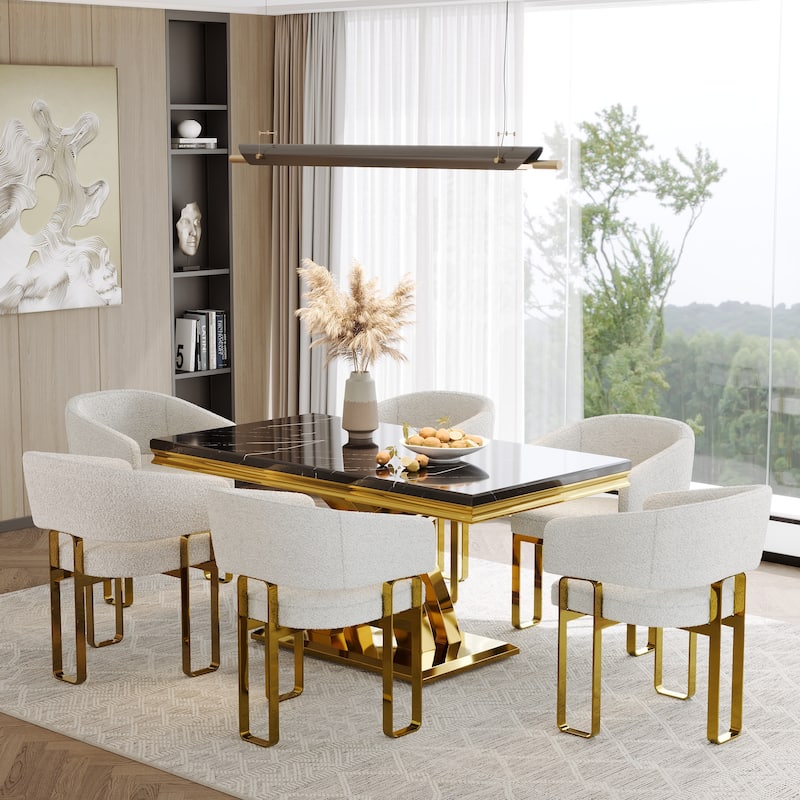 Luxury Dining Room Table Set with Armrest Dining Chairs - Gold - Table with 6 Chairs