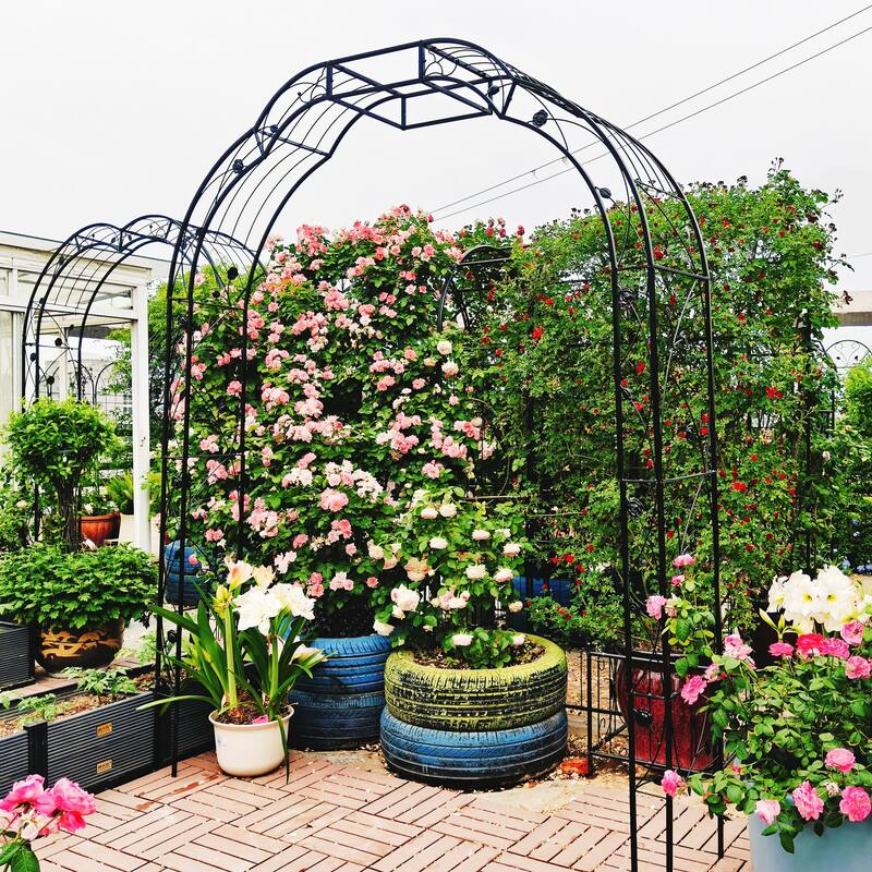 Anmytek Metal Garden Arch with Intricate Scrollwork, Weather Resistant Black Finish, Climbing Plant Trellis for Roses, Clematis