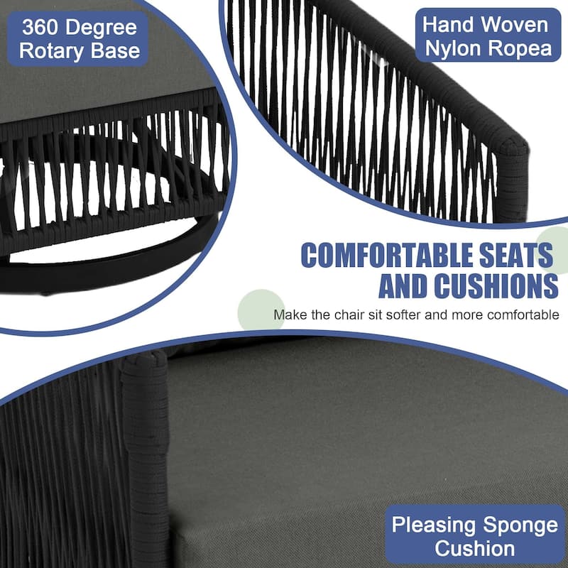 3 Piece Patio Woven Rope Swivel Chair Seating Group with Cushions