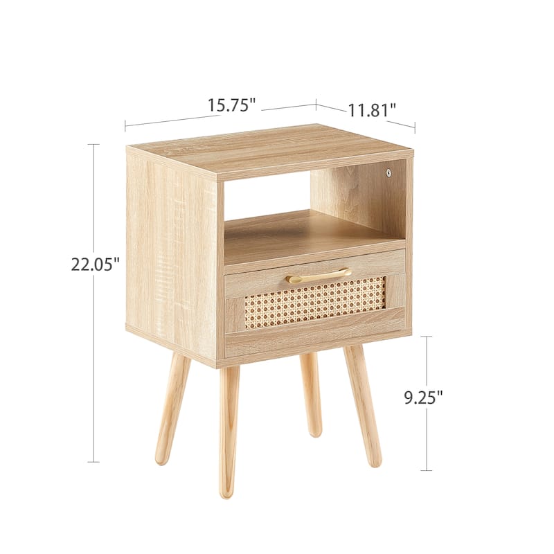 Anmytek Mid Century Nightstand Rattan Natural Bedside Table with Drawer and Solid Wood Legs