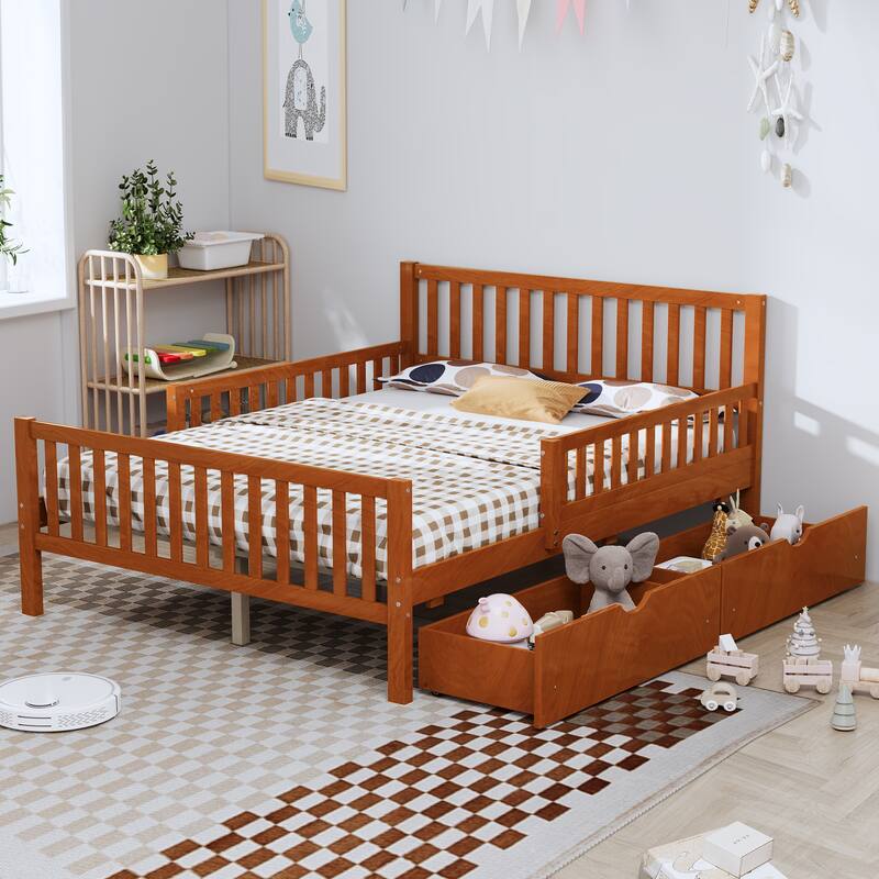 Full / Twin Walnut Wood Platform Bed with Guardrails on Both Sides and 2 Storage Drawers