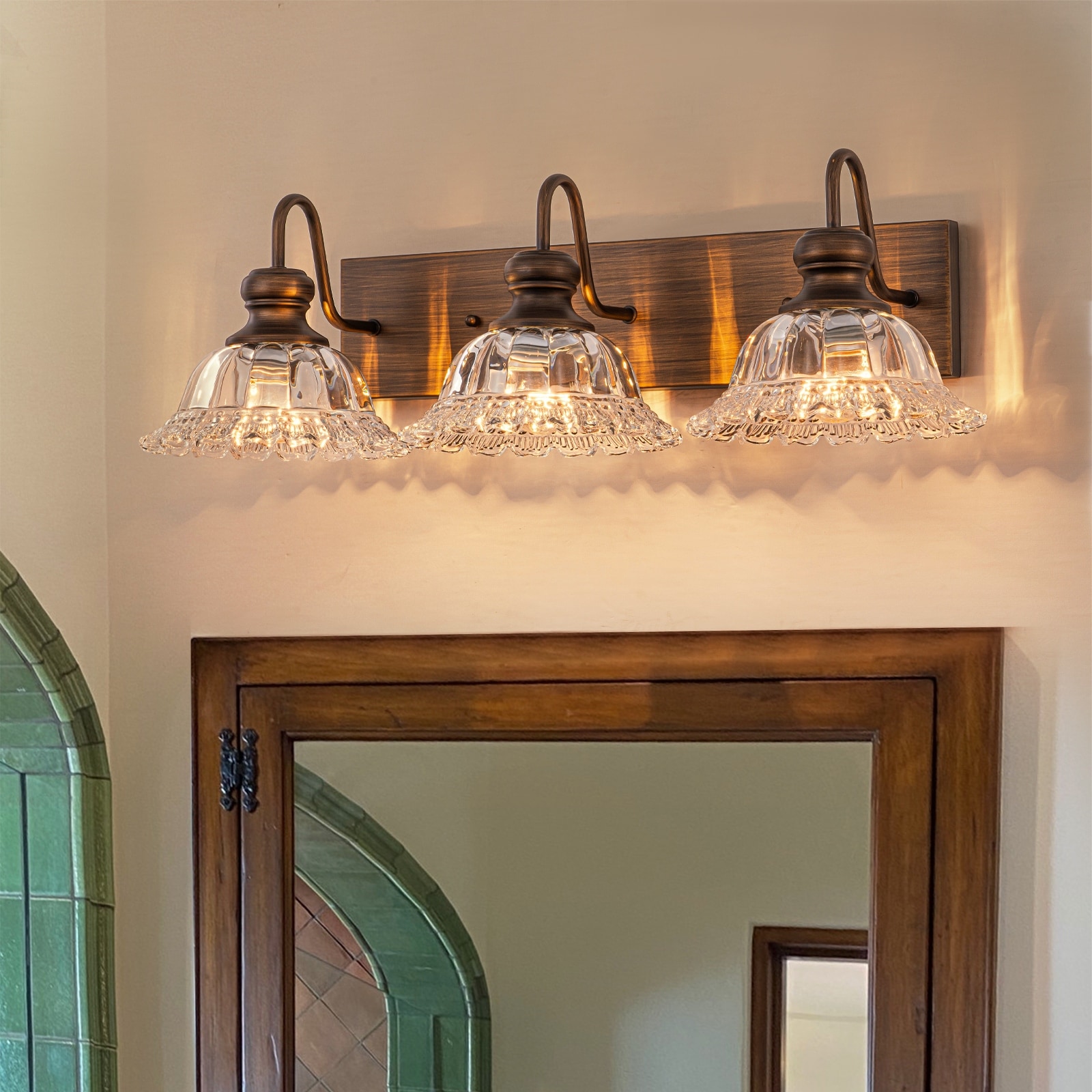 Vintage 3/4 -Light Bathroom Vanity Light with Clear Glass Floral Shades - Antique Bronze