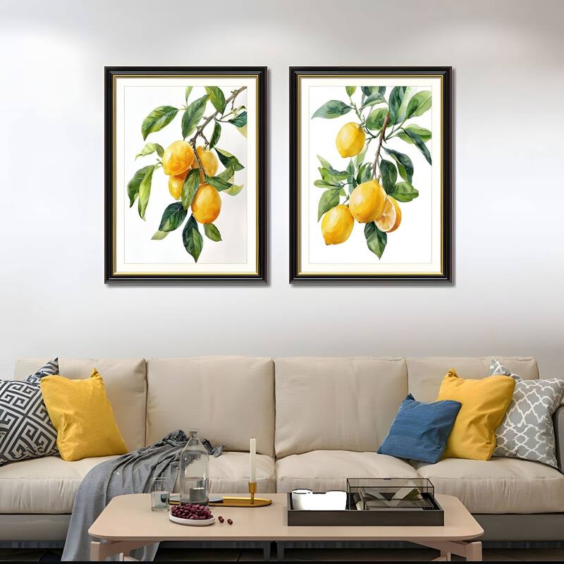 Set of 2 Lemon Botanical Canvas Wall Art - Interchangeable Prints with Solid Wood Frames, Fresh Fruit Artwork for Kitchen