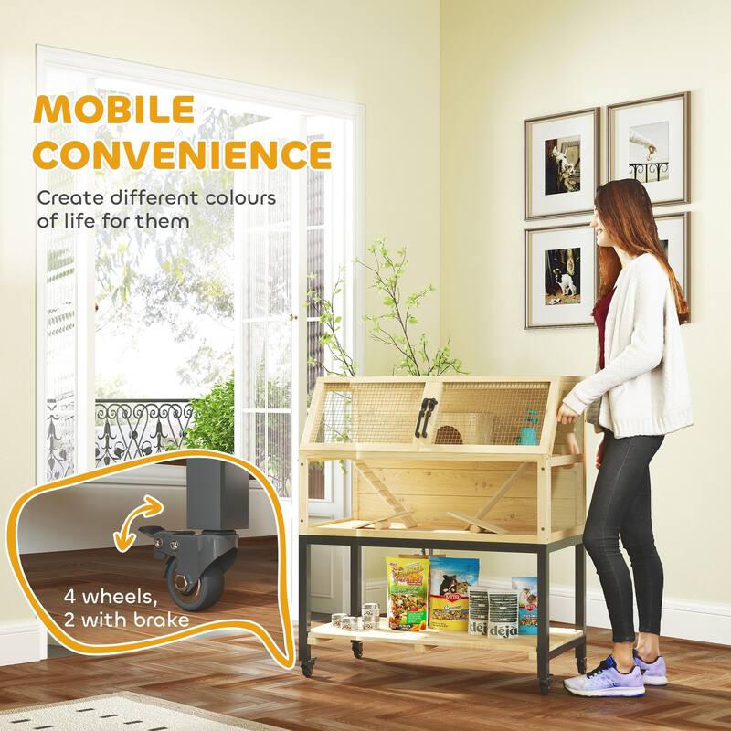 Wooden Hamster Cage with Wheels, Storage Shelf and Accessories - 34.3" W x 16.9" D x 39.8" H