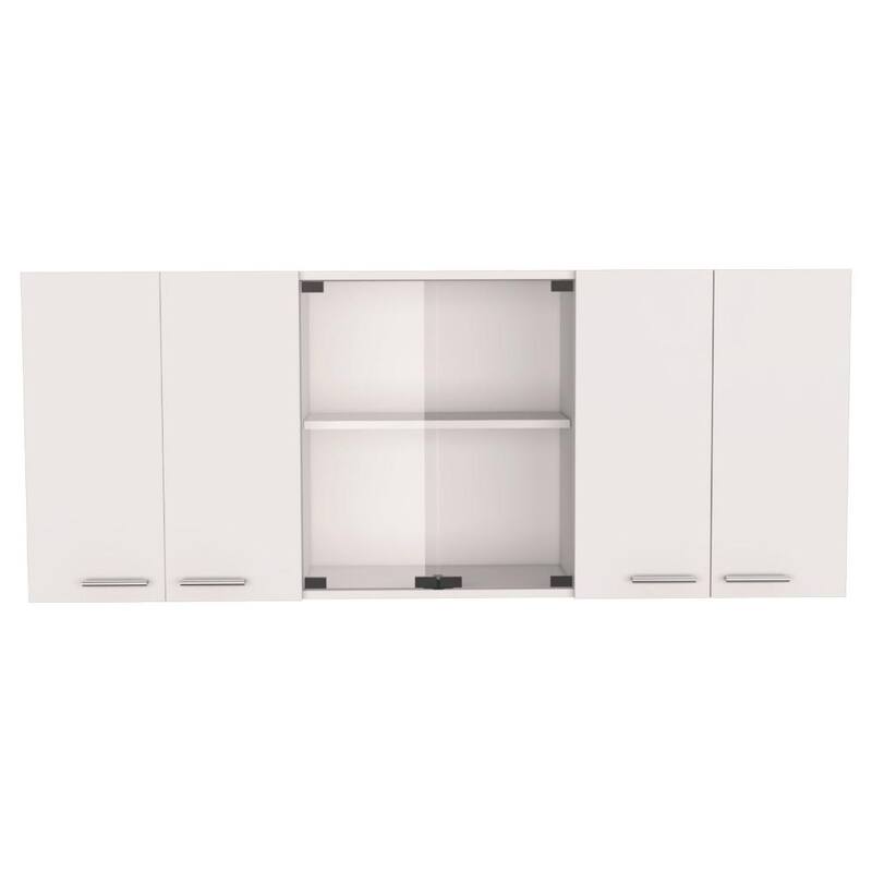 White Wall-Mounted Kitchen Cabinet - 24" H, 4 Doors, 2 Glass Panel Shelves, Dish Rack & Storage Organizer - 59.05X12.4 in