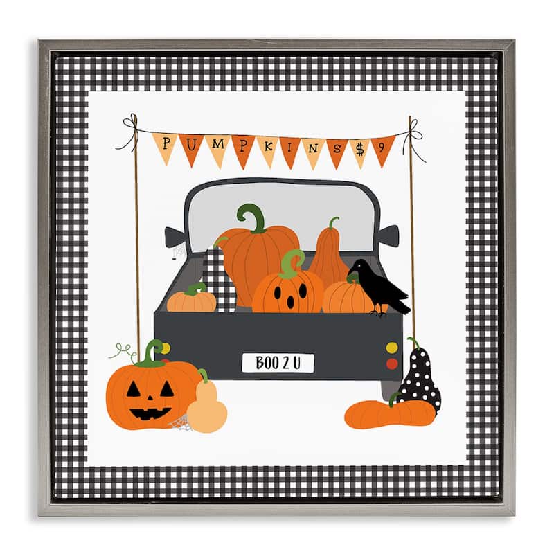 Stupell Pumpkin Truck with Gingham Border Framed Floater Canvas Wall Art Design By Sazerelli Designs - 18 x 18 - Grey