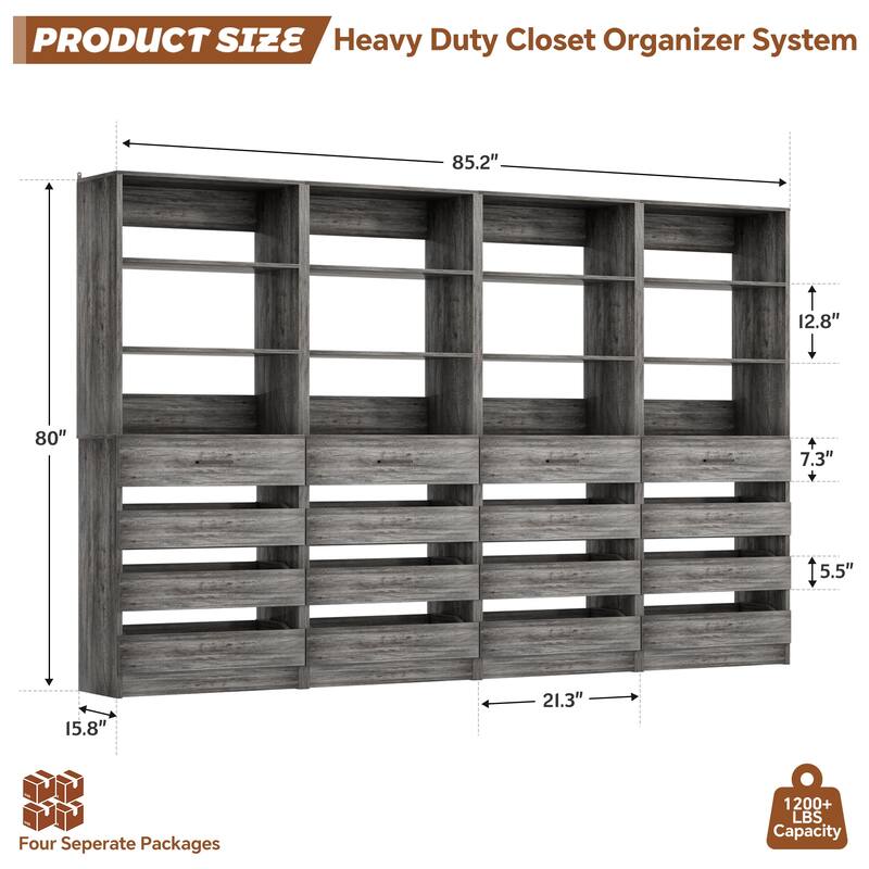 21.3'' W Closet System with 4 Wooden Drawers, 1.78FT Walk-in Closet Organizer Wardrobe with Adjustable Open Shelves