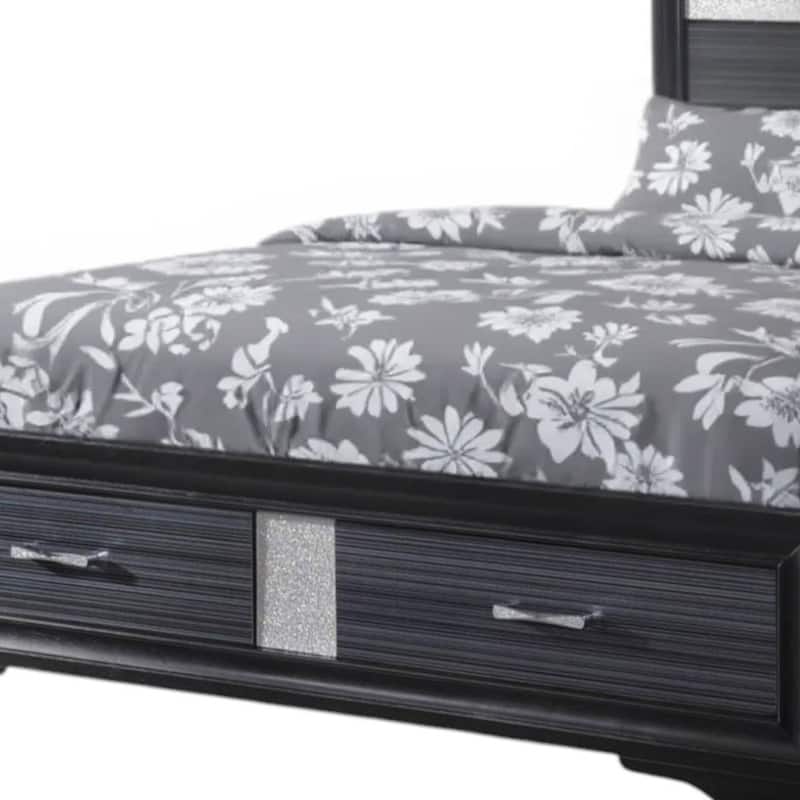 HomeRoots Black Gray and Silver Faux Crystal Bling Wood King Bed Frame With Two Drawers