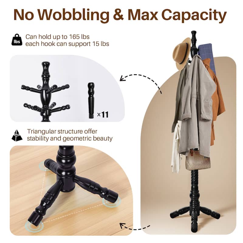 74.4" Solid Wood Coat Rack Freestanding, Coat Tree Stand with 11 Hooks - 74.4"H x 20.9"W
