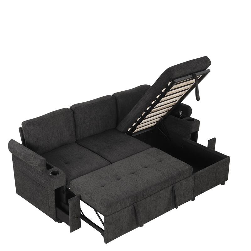 83.5" Chenille L-Shaped Sectional Sofa with Convertible Bed & Storage