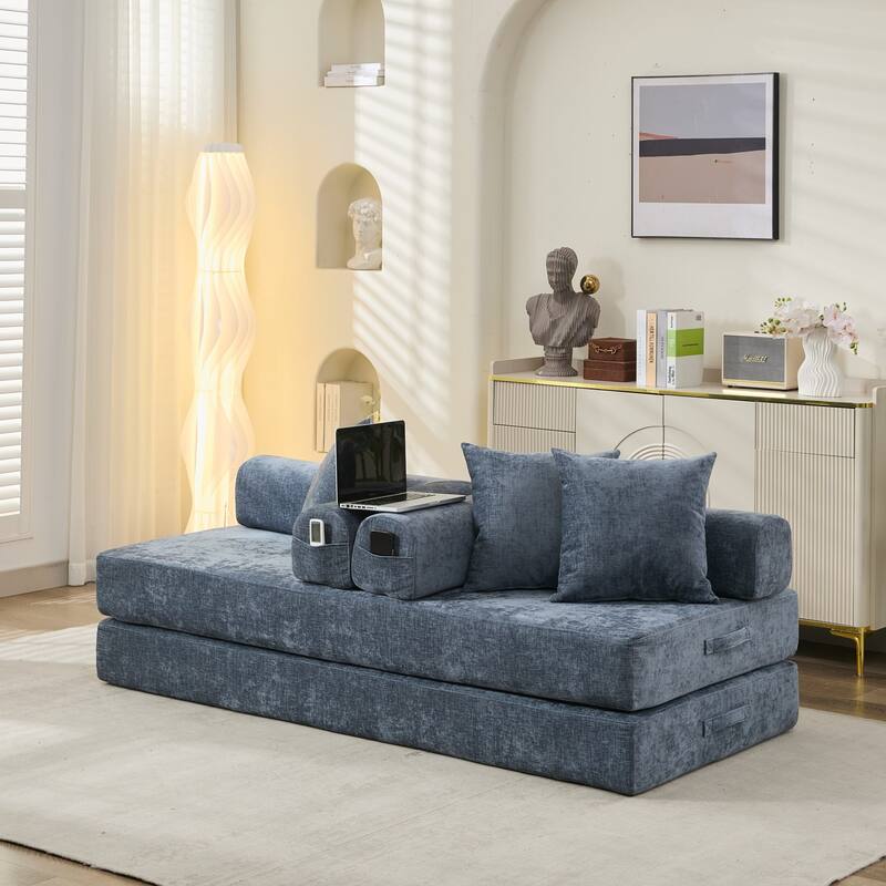 Chenille Convertible Floor Sofa Bed with Armrest for Living Room