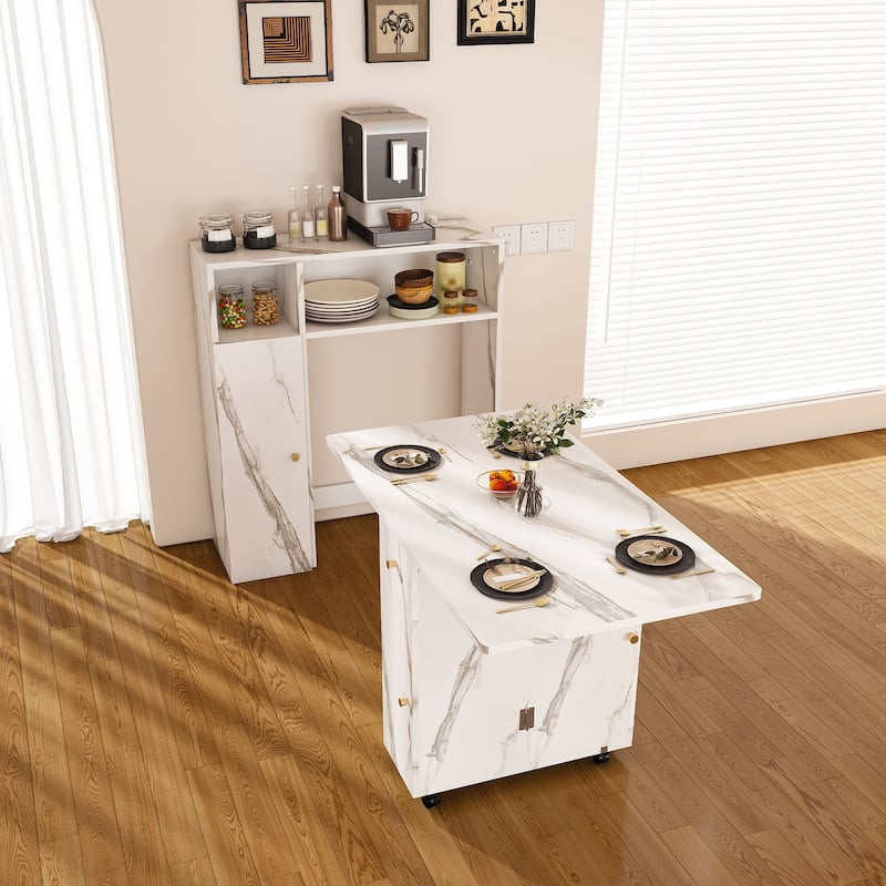 Anmytek Folding Marble Dining Table with Storage & Power Outlet, Convertible Desk for Small Space Kitchen Living Room