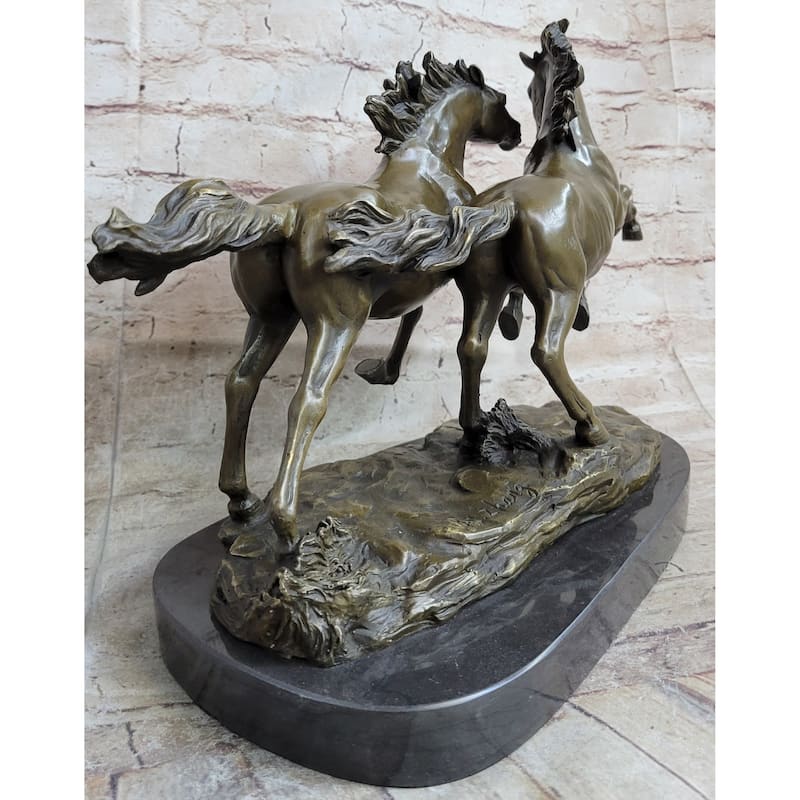 Galloping Pair Of Horses Bronze Statue Sculpture Decor Signed Zhang 10 Inches X 17 Inches