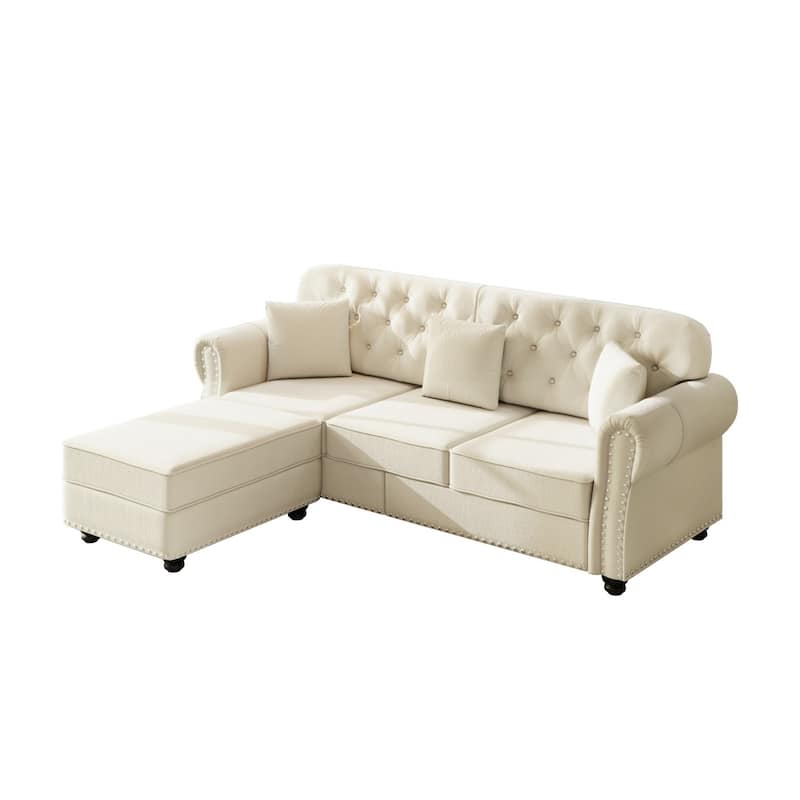 82.6" Velvet Sofa with Button Tufted, 3 Pillows and 1 Ottoman