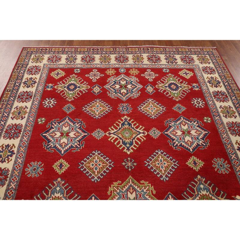 Geometric Kazak Area Rug Hand-Knotted Oriental Red Wool Carpet - 6'6" x 9'11"