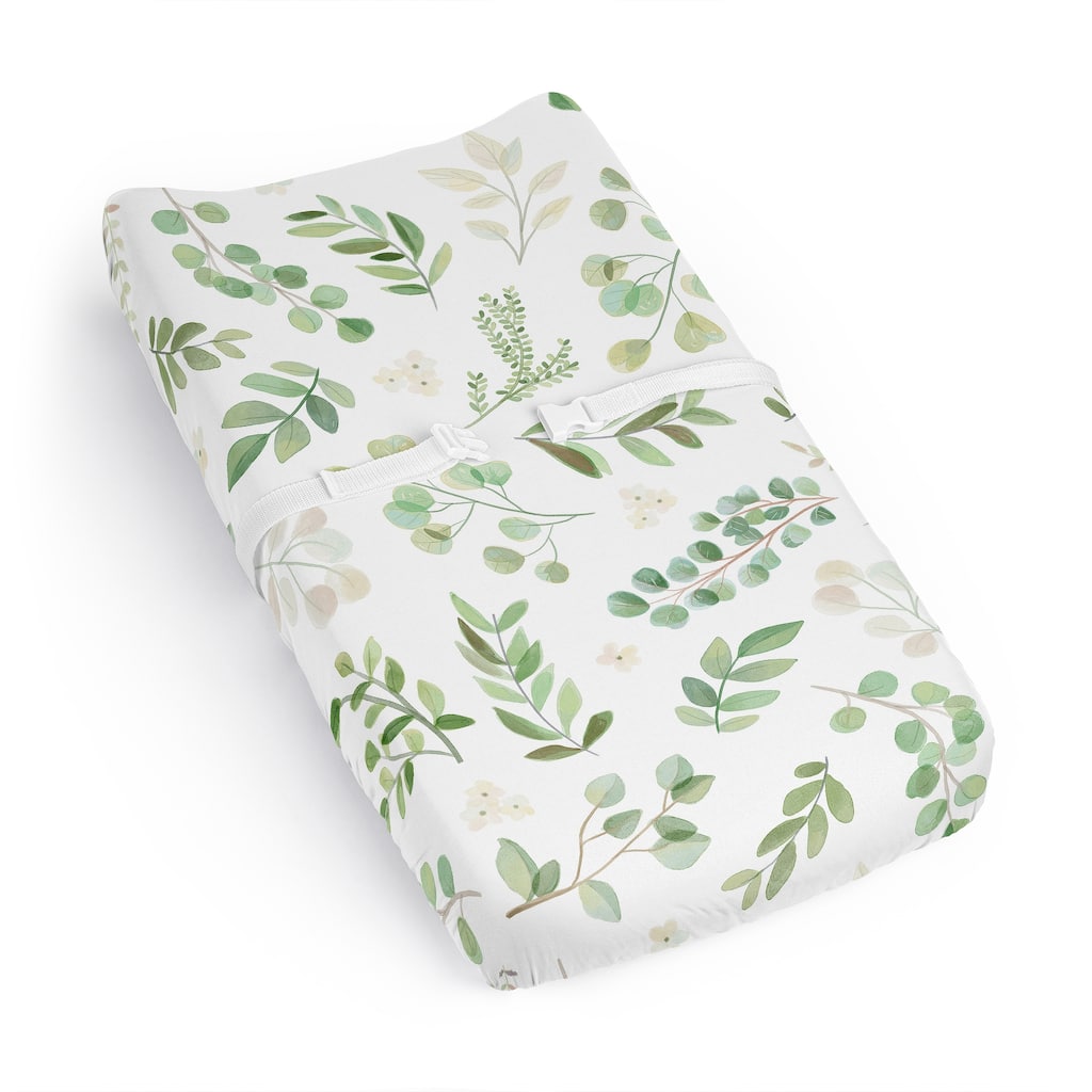 Sweet Jojo Designs Green Boho Floral Leaf Boy Girl Gender Neutral Changing Pad Cover Sheet White Bohemian Watercolor Botanical