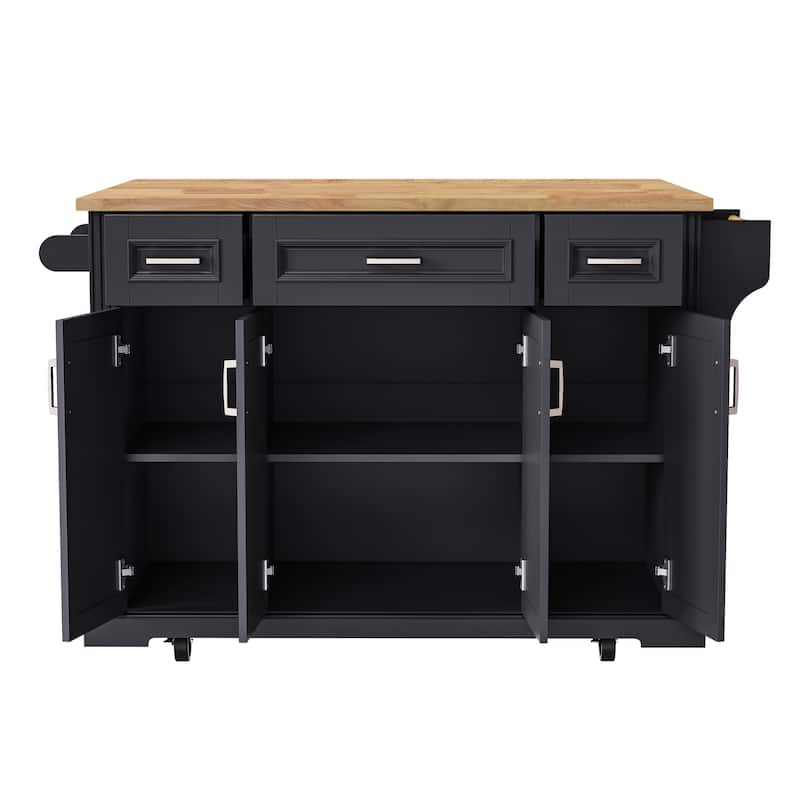 54" Large Rolling Kitchen Island with Rubber Wood Drop Leaf - Embossed Texture Storage Cart with 4 Doors & 3 Drawers for Kitchen