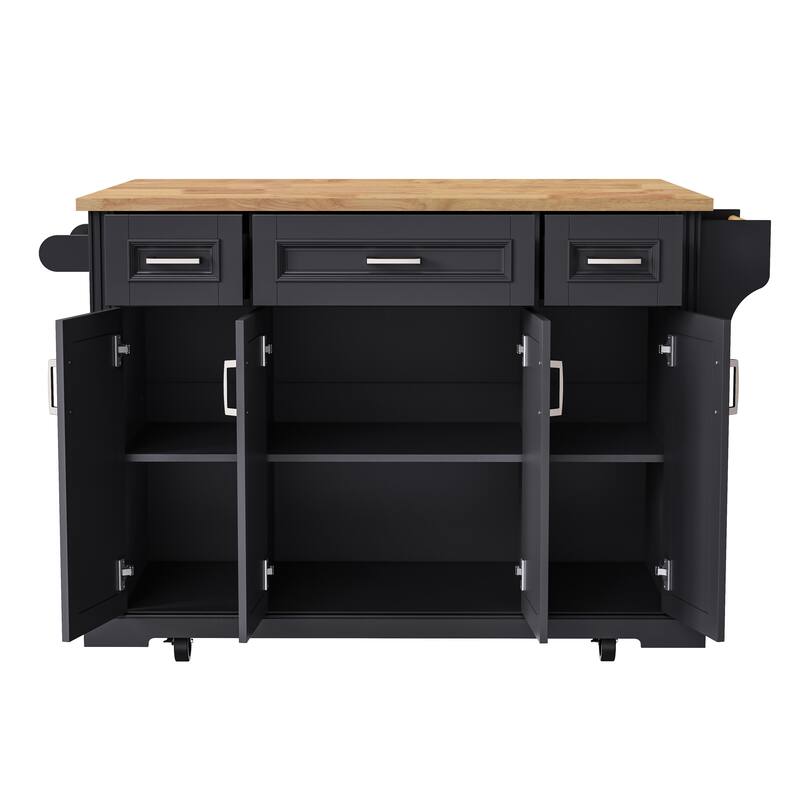 Roomfitters 54" Rolling Kitchen Island with Drop Leaf, Mobile Cart with 3 Drawers, Embossed Panels & Soft Close Doors, Black