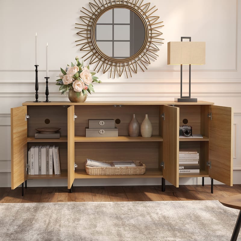 WAMPAT Modern Minimalist Nightstand And Bedside Cabinet Set, Reeded Bedroom Set, Oak Wooden Chest With Hidden Handles