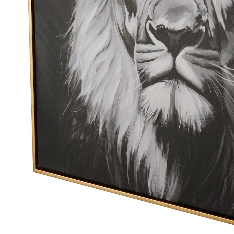 Black Polystone Shaded Lion Framed Wall Art with Gold Jeweled Crown
