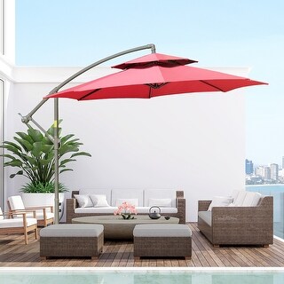 9.8' eastlake tilt offset patio umbrella by broyhill 9FT with Auto Air vented canopy at the top designed for air flow and prevent from inversion Patio 9ft 2-Tier Cantilever Umbrella/Offset
