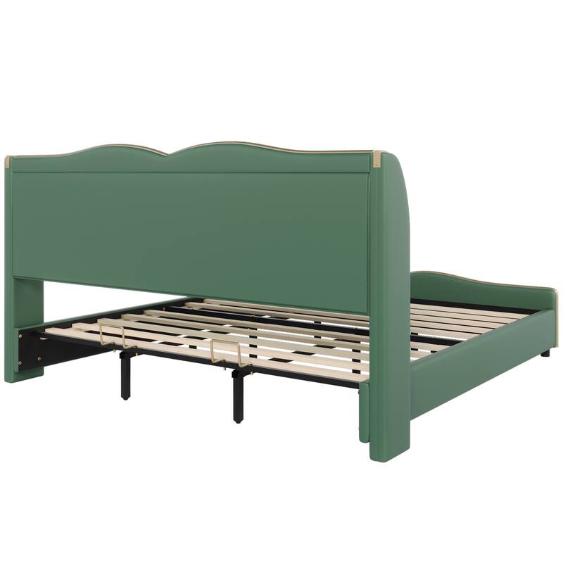 Roomfitters King Size Upholstered Platform Bed Frame with Wingback Headboard, Faux Leather, Wavy Footboard Design