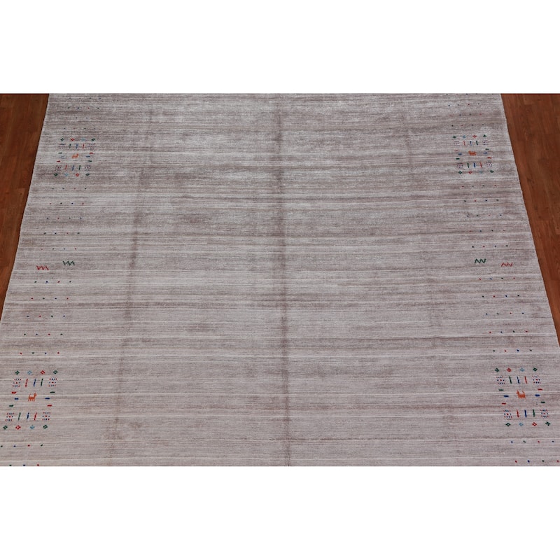 Hand Knotted Oriental Viscose Silk Carpet Tribal Stripe Greys & Charcoal Gabbeh Area Rug - 12' 5'' X 9' 3''