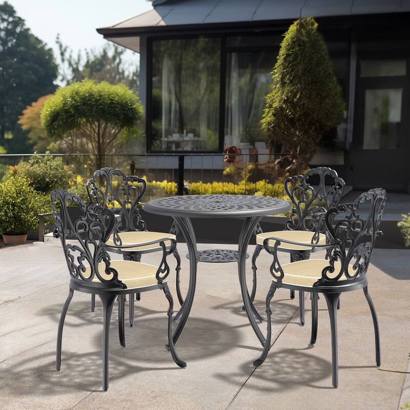 3/5-Piece Cast Aluminum Outdoor Dining Set with 30.71 in. Round Table and Random Color Cushions - Black( 5-Piece Sets-C)