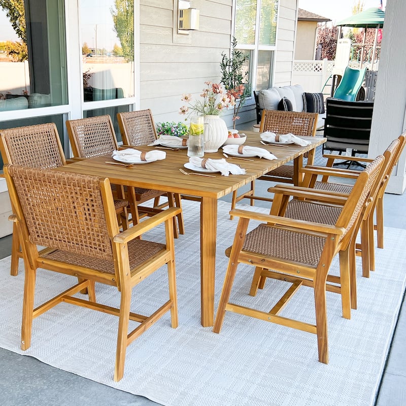 MAISON ARTS 5/7/9-Piece Acacia Wood Outdoor Dining Set, Teak Wooden Table & Dining Chairs with Wicker Seat and Back - 9-Piece