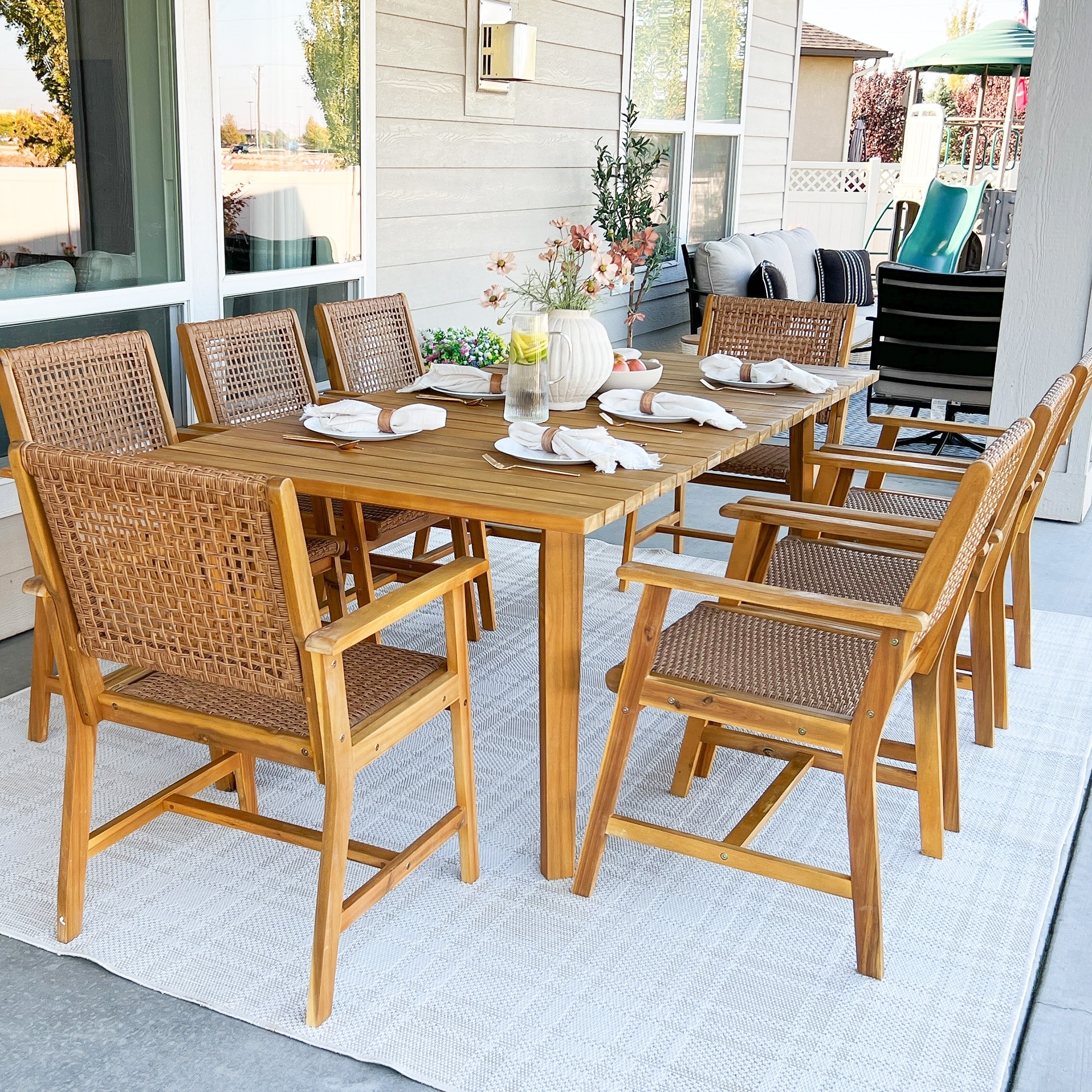 MAISON ARTS 7/9 Pieces Acacia Wood Outdoor Dining Set, Teak Wooden Table & Dining Chairs with Wicker Seat and Back
