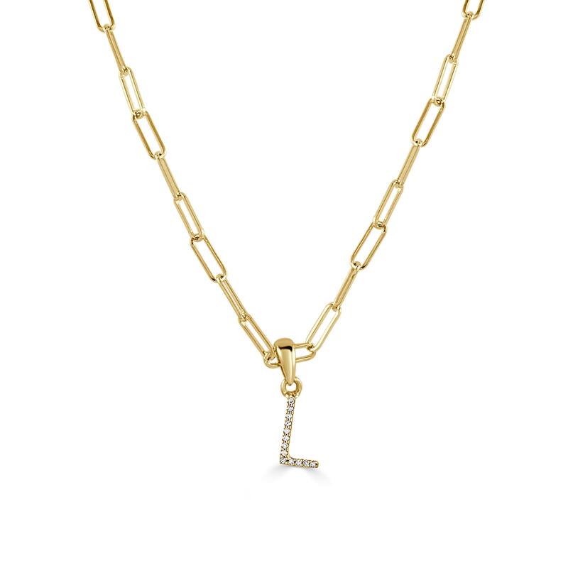 Joelle Collection Diamond Initial Letter Necklace Paperclip 14K Gold 16-inch Chain 1/10 TDW Necklace - L - Yellow