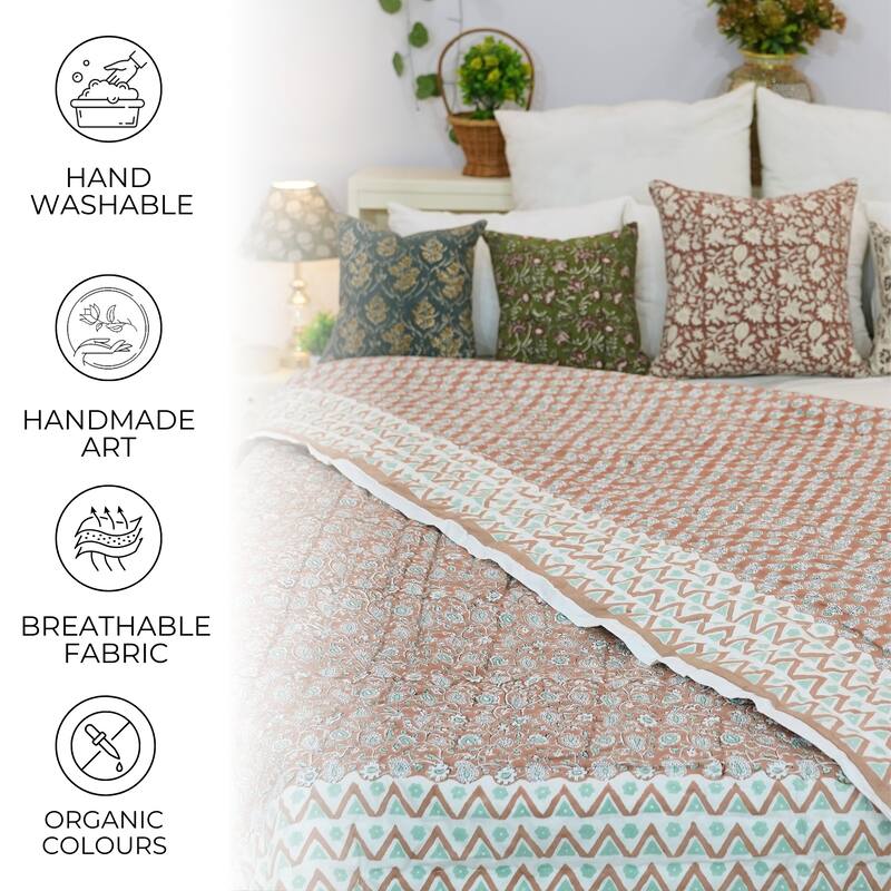 Fabdivine Green Brown Handmade Cotton Quilt Floral Traditional Block Print, Reversible Premium Bedspread, Decorative Bedding