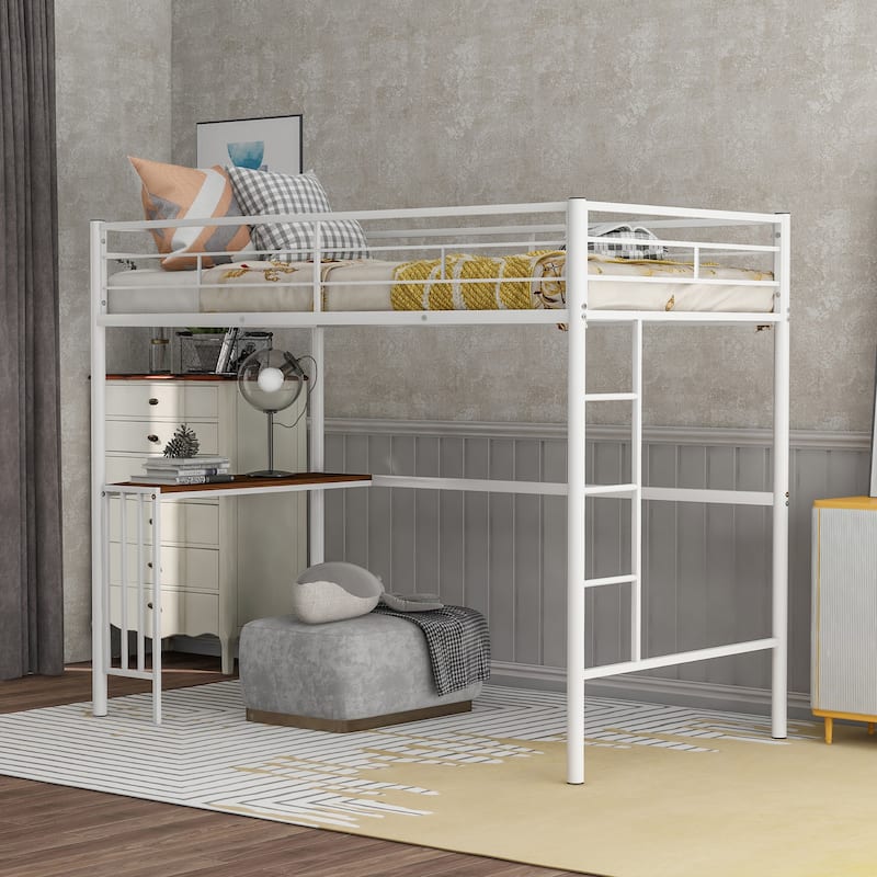 White Metal Loft Bed with BuiltIn Desk, Full Guardrails, Sturdy