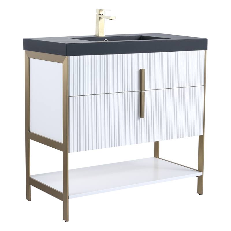 Fine Fixtures Serenity Modern Bathroom Vanity with Black Gel Acrylic Top - White Matte - Brass Hardware - 36 inch