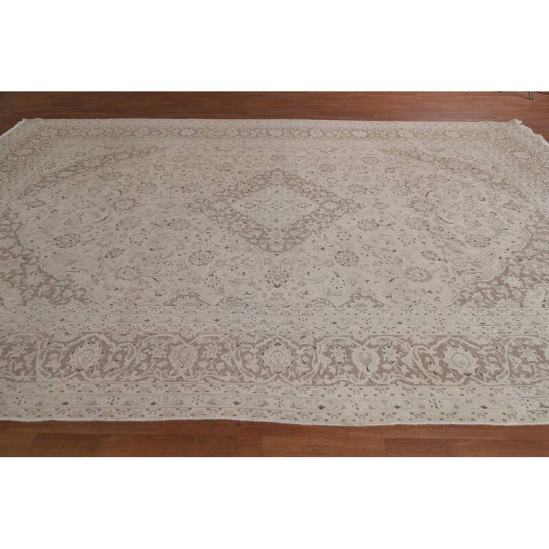 Hand Knotted Oriental 100% Wool Carpet Traditional Floral Beige & Ivories Kashan Area Rug - 12' 5'' X 9' 5''