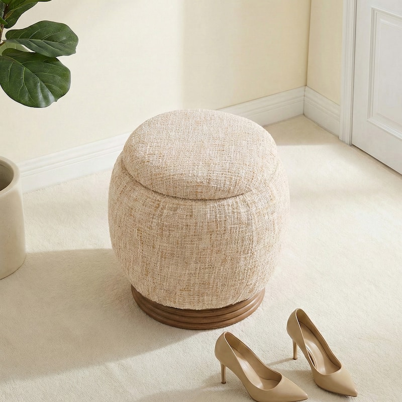 Fully Assembled Round Storage Pouf Ottoman Footstool with Flip-top and Acacia Solid Wood Frame