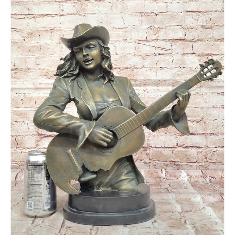 Bronze Country Singer Musician Bust - Cowgirl Guitar Sculpture Decor