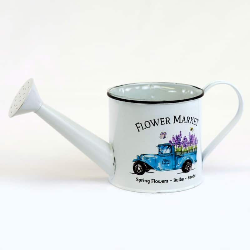 White With Blue Pick Up Pattern 'Flower Market' Metal Watering Can Planter - Multi-Color