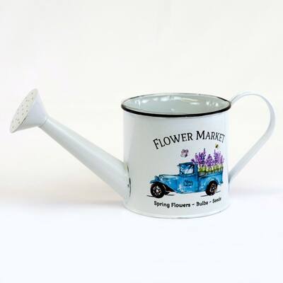 White With Blue Pick Up Pattern 'Flower Market' Metal Watering Can Planter