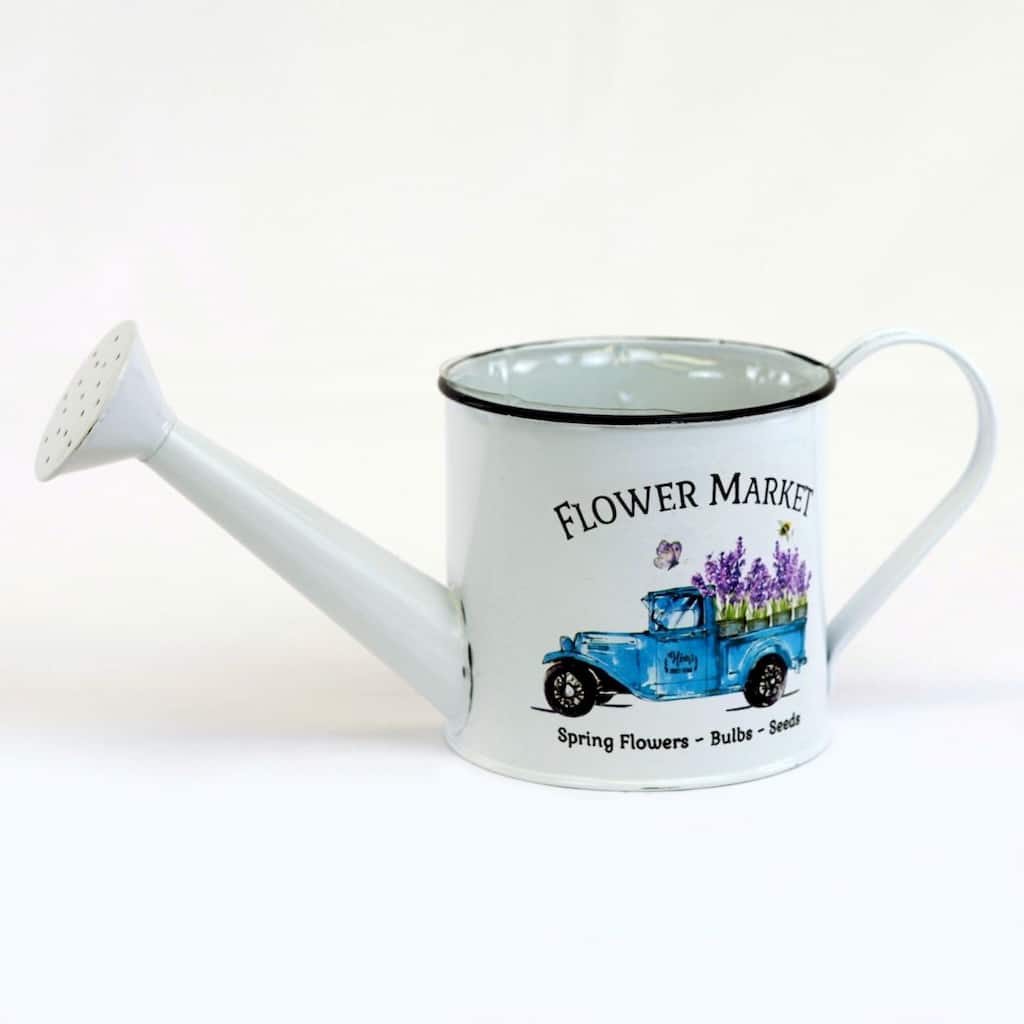 White With Blue Pick Up Pattern 'Flower Market' Metal Watering Can Planter